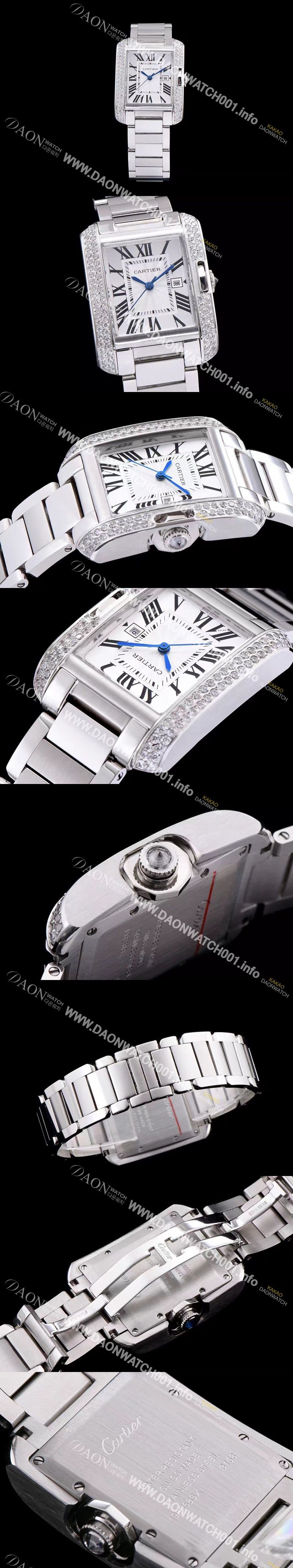 미러급 까르띠에 남성용 탱크 WT100028 앙글레즈 워치!! 브릴리언트 컷 다이아몬드 베젤 실버 마감 래커 플렝케 다이얼 쿼츠 무브먼트 CAR0014 Ⅳ