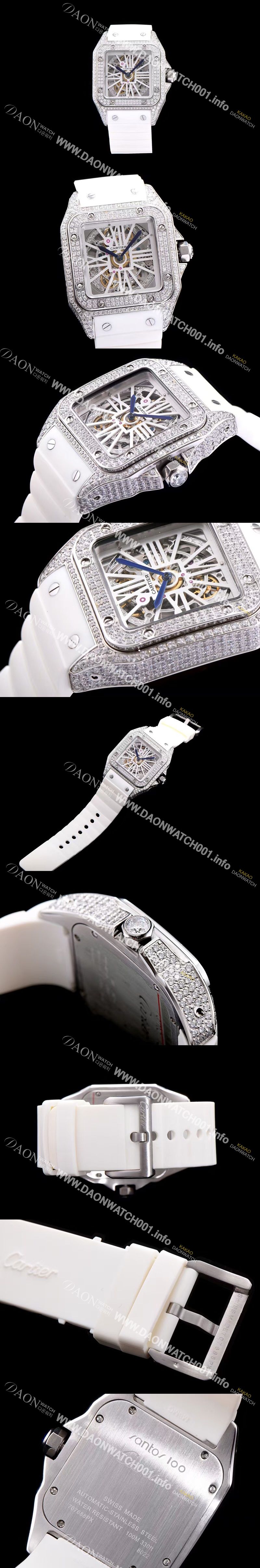 미러급 까르띠에 남성용 신상출시!!산토스 뒤몽 컬렉션 18k 화이트 골드 다이아몬드 셋팅 스켈레톤 다이얼 오토매틱 무브먼트 CAR0110 Ⅳ