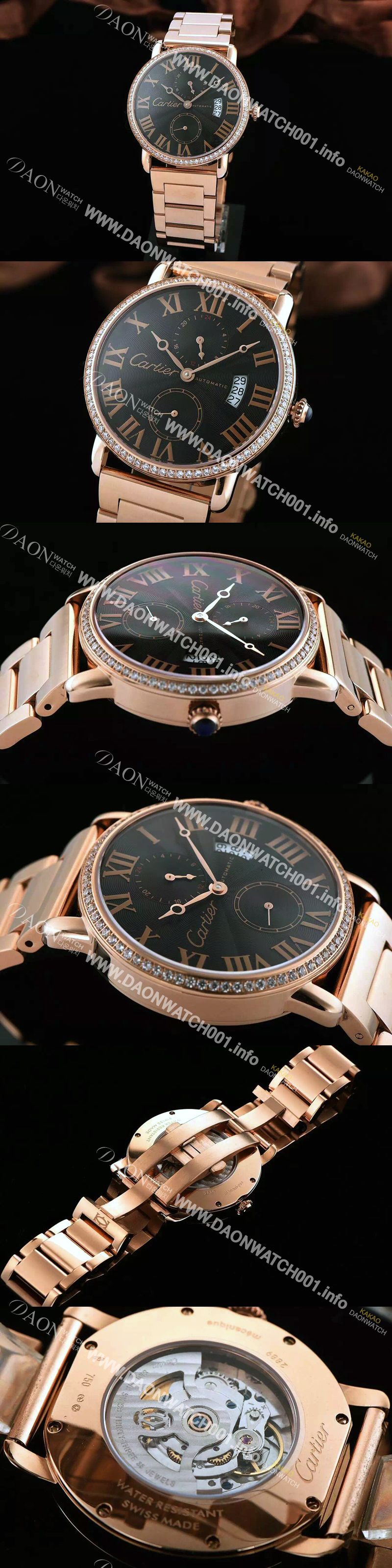 미러급 까르띠에 남성용 롱드더 까르띠에 서브 세컨즈 18k 로즈골드 쥬얼 다이아몬드 베젤 물결무늬 블랙 다이얼 골드 로마 인덱스 스위스 ETA 2824-A2오토매틱 무브먼 CAR0300 Ⅳ