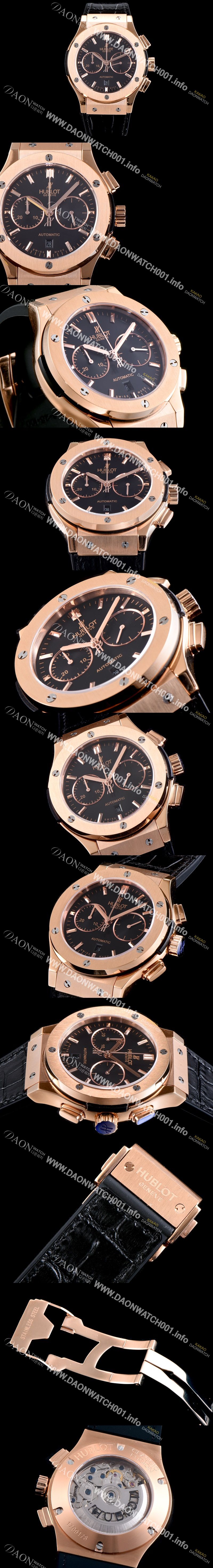 미러급 휴블렛 남성용 클레식 퓨전 521.OX.1180.LR 18K 로즈골드 케이스 크로노그래프 블랙 다이얼 오토매틱 무브먼트 HUB0200 Ⅳ