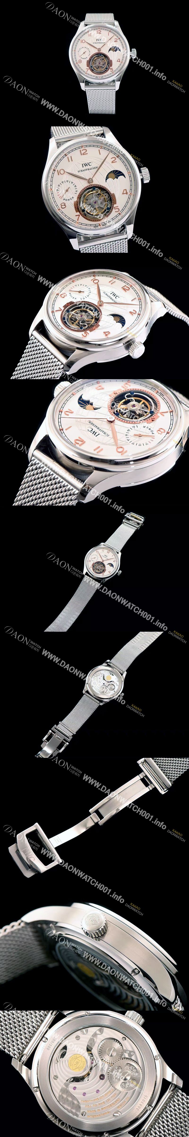 미러급 아이더블유씨 남성용 포르투기즈 투어빌론 문페이즈 파워리져브 로즈골드 인덱스 화이트 다이얼 스틸 메쉬 브레이슬릿 IWC0211 Ⅳ