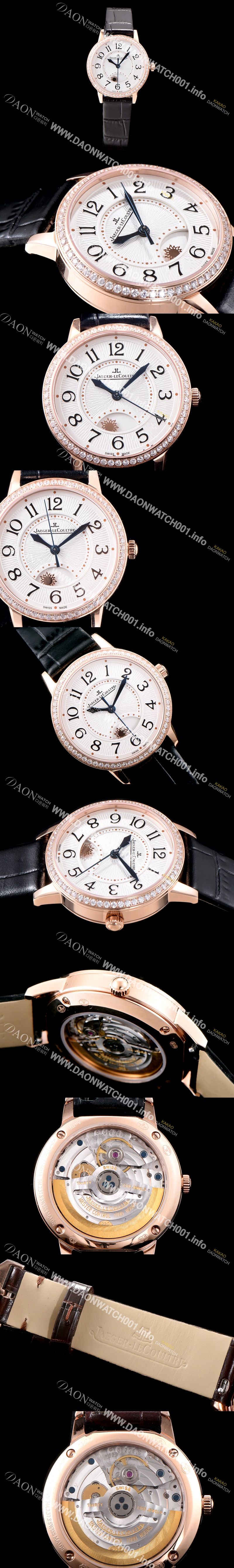 미러급 예거르꿀르뜨 남성용 랑데부 나잇&데이 Q3442520 레이디 워치 18K 로즈골드 최상급 다이아몬드 세팅 베젤 문페이즈 화이트 텍스쳐드 다이얼 오토매틱 무브먼트 JAG0440 Ⅳ