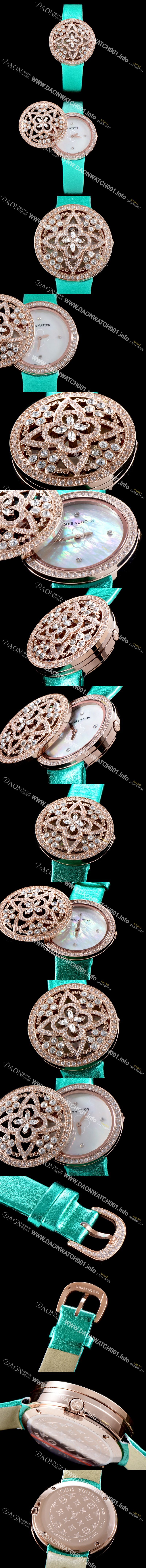 미러급 루이비통 남성용 탕부르 컬렉션 Q151D0 비주 시크릿!! 최상급 퀄리티의 쥬얼셋팅 케이스 핑크 마더 오브 펄 다이얼 스위스 쿼츠 무브먼트 LOU4200 Ⅳ