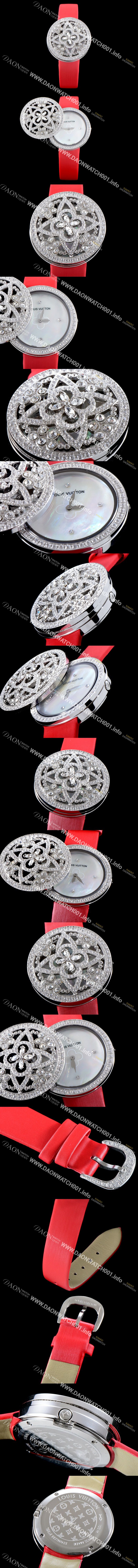 미러급 루이비통 남성용 탕부르 컬렉션 Q151D0 비주 시크릿!! 최상급 퀄리티의 쥬얼셋팅 케이스 핑크 마더 오브 펄 다이얼 스위스 쿼츠 무브먼트 LOU4201 Ⅳ