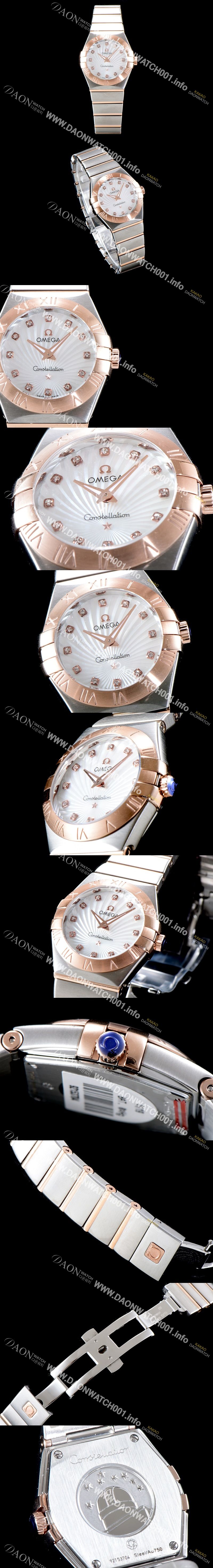 미러급 오메가 남성용 여성 컬렉션 컨스틀레이션 123.20.27.20.55.002 오메가 코-액시얼 27MM 로마 숫자가 인그레이빙된 베젤 18K 로즈골드 콤비 화이트 자개 다이얼 쿼츠 무브먼트 OMG4120 Ⅳ