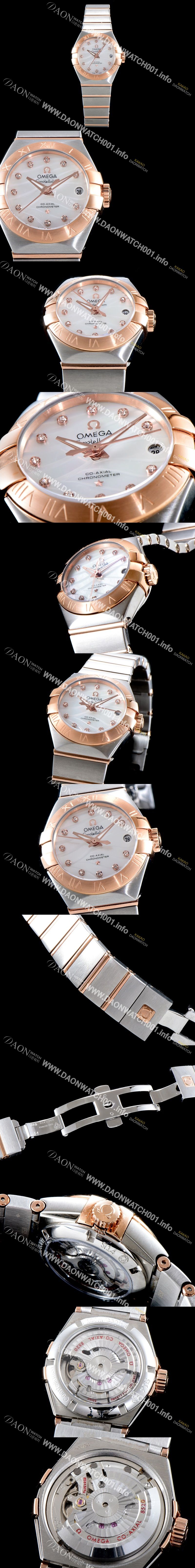 미러급 오메가 남성용 여성 컬렉션 컨스틀레이션 123.20.27.20.55.003 오메가 코-액시얼 27MM 로마 숫자가 인그레이빙된 베젤 18K 로즈골드 콤비 화이트 자개 다이얼 쿼츠 무브먼트 OMG4110 Ⅳ