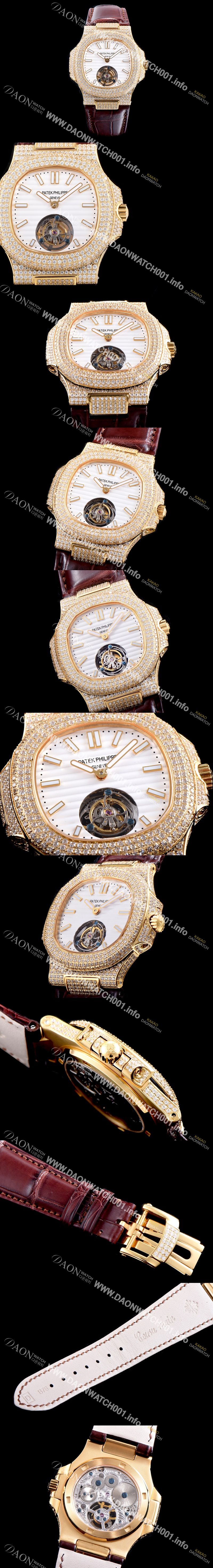 미러급 파텍필립 남성용 노틸러스 뚜르비옹 18K 옐로우 골드 최상급쥬얼 다이아몬드 풀 세팅 케이스 화이트 텍스쳐 다이얼 아시안 투어빌론 탑재 PAT0100 Ⅳ