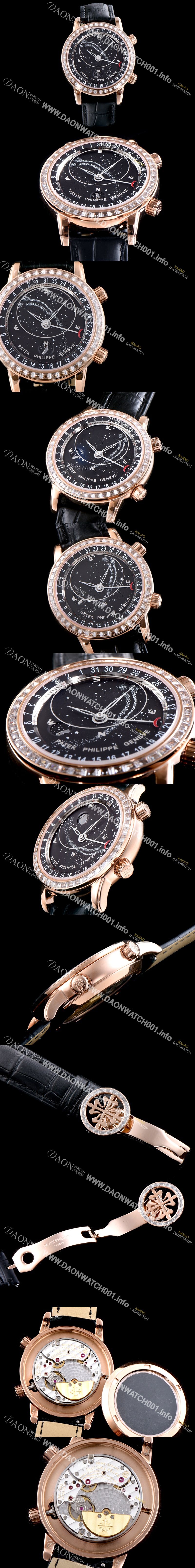 미러급 파텍필립 남성용 그렌드 컴플리케이션 6104R-001 셀리스티얼 18K 로즈골드 최상급 다이아몬드 세팅 베젤 블랙 다이얼 오토매틱 무브먼트 PAT0135 Ⅳ