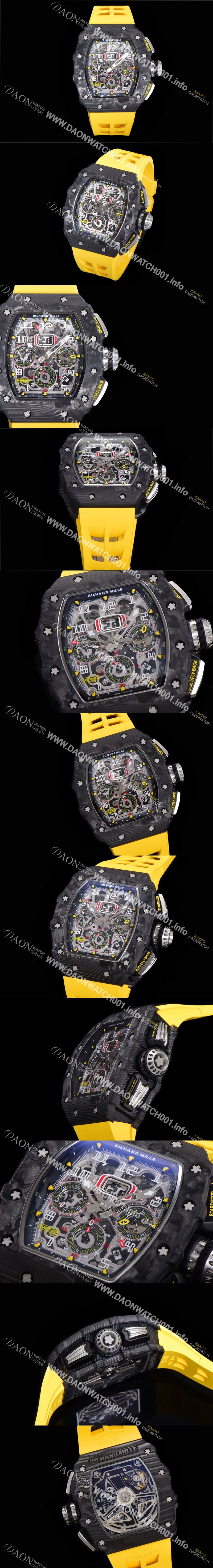 미러급 리차드밀레 남성용 플라이백 RM11-03 오버사이즈 데이트 크로노그래프레드 포지드 카본 케이스 스켈레톤 다이얼 오토매틱 무브먼트 RIC08691 Ⅳ