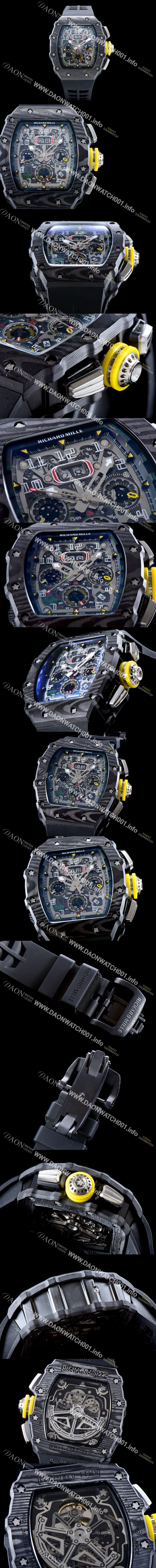 미러급 리차드밀레 남성용 오토매틱 플라이백 RM11-03 오버사이즈 데이트 크로노그래프레드 포지드 카본 케이스 스켈레톤 다이얼 오토매틱 무브먼트 RIC0400 Ⅳ