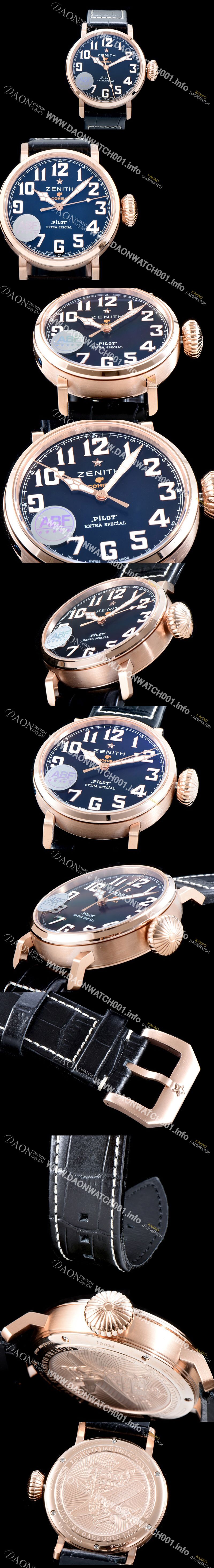 미러급 제니스 남성용 파일럿 타입20 18.2430.679/27.C721 코이바 스페셜!! 고급스러운 18K 로즈골드 케이스 블랙 다이얼 오토매틱 무브먼트 ZEN4201 Ⅳ