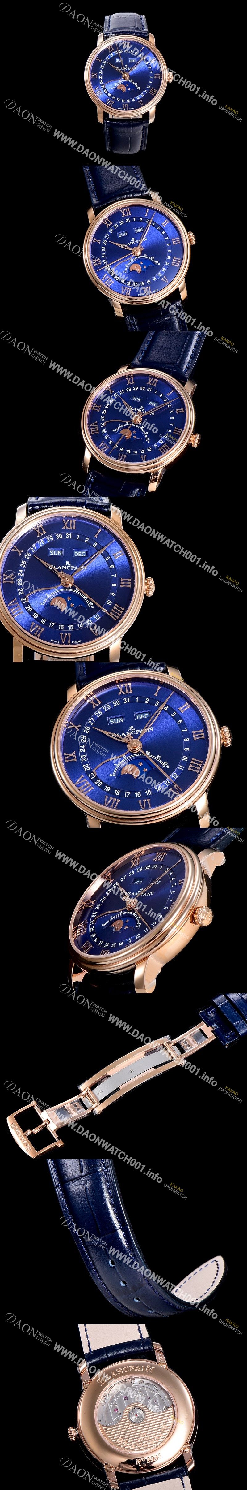 미러급 블랑팡 남성용 빌레레 퀀탬 컴플레트 문페이즈 Cal.6654 오토매틱 40미리 블랙가죽줄 18K 로즈골드 블루다이얼 BLA77837 Ⅳ