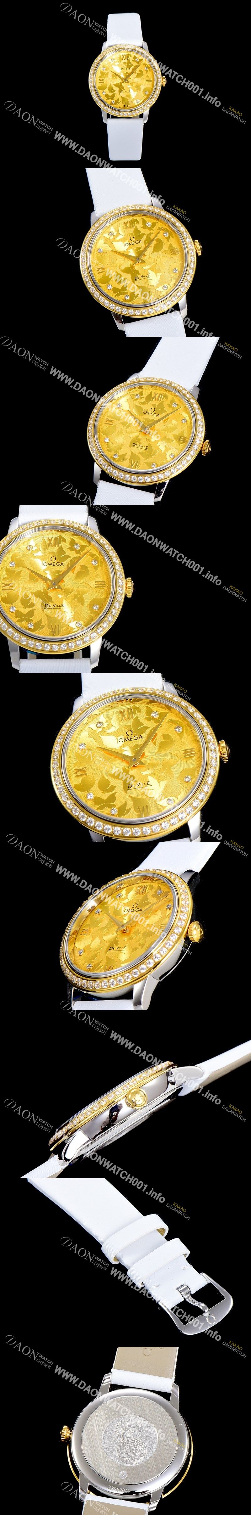 미러급 오메가 여성용 드빌 프레스티지 32.7미리 쿼츠 금장 보석/큐빅 셋팅 4061타입 레이디 소가죽줄 골드다이얼 OMG79437 Ⅳ