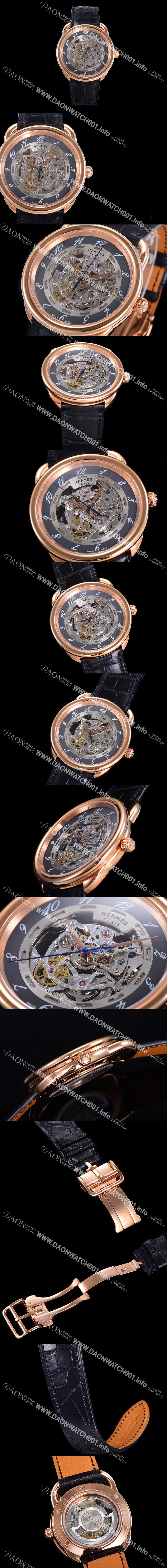 애르메스 아쏘 오토매틱 41mm 남성용시계 18K 로즈골드 가죽줄 스켈래톤 다이얼 her001882735