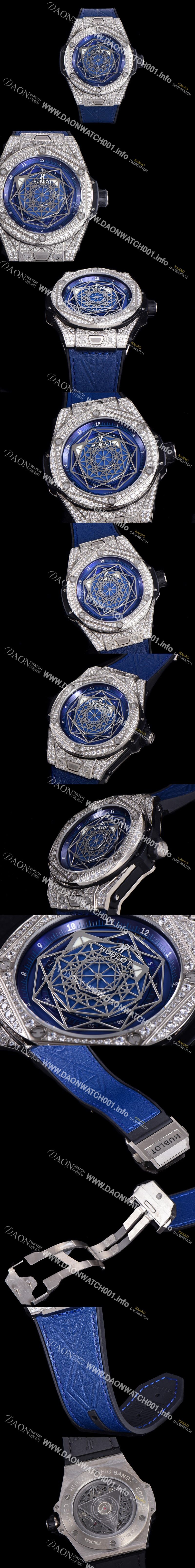 휴블렛 빅뱅 쌍 블루 티타늄 오토매틱 HUB1213타입 45미리 남성용시계 다이아몬드/보석 케이스 가죽/우레탄 믹스밴드 블루다이얼 hub036698356