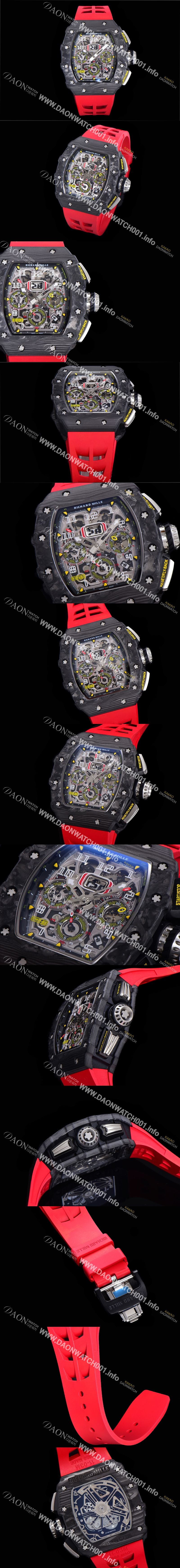 미러급 리차드밀레 남성용 플라이백 RM11-03 오버사이즈 데이트 크로노그래프레드 포지드 카본 케이스 스켈레톤 다이얼 오토매틱 무브먼트 RIC08701 Ⅳ