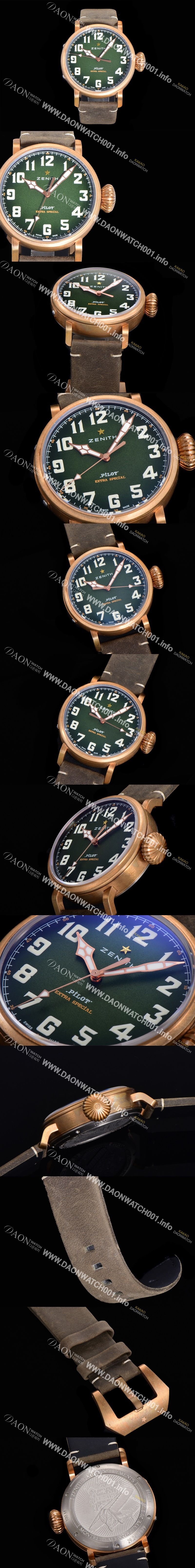 미러급 제니스 남성용 파일럿 29.2430.679/63.I001 타입 20 애드벤쳐 브론져제질 오토매틱 9015무브 45미리 가죽시계 그린다이얼 ZEN72812 Ⅳ