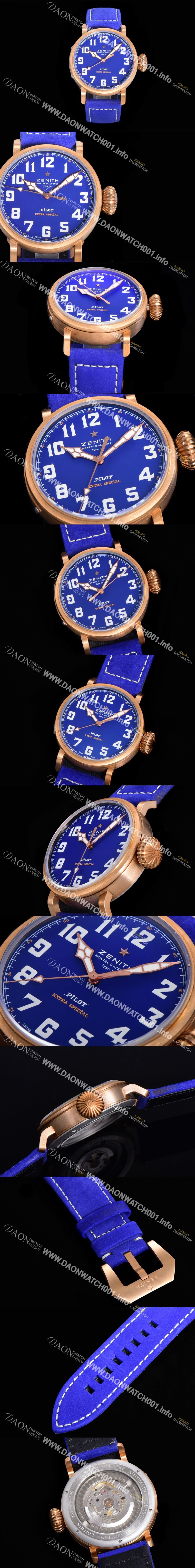 미러급 제니스 남성용 파일럿 29.1940.679/57.C808 타입 20 애드벤쳐 브론져제질 오토매틱 9015무브 45미리 가죽시계 블루다이얼 ZEN73031 Ⅳ