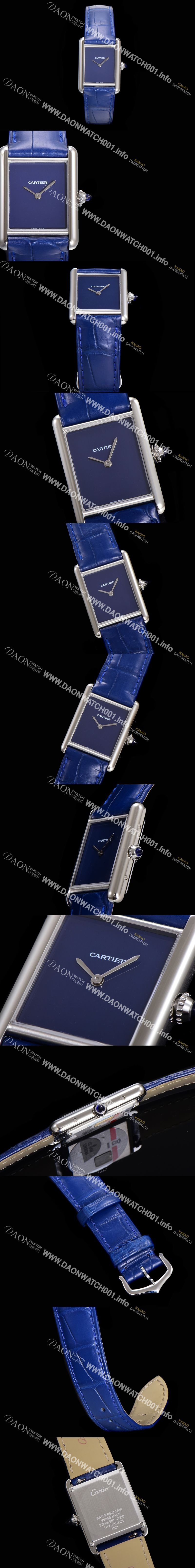 미러급 까르띠에 여성용 탱크 머스트 WSTA0054 로마 인덱스 33.7mm 블루 다이얼 악어가죽줄 쿼츠 무브먼트 CAR00576 Ⅳ