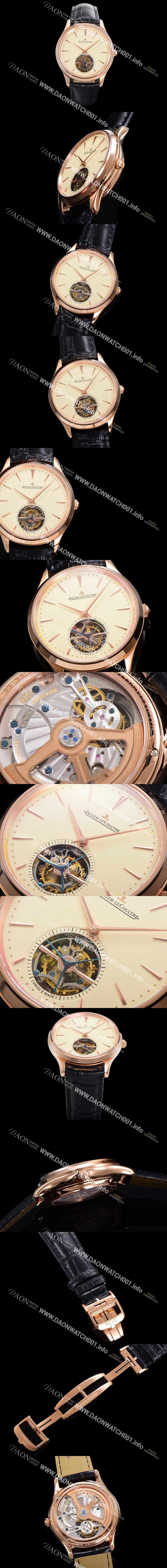 미러급 예거 르꿀르뜨 남성용 마스터 울트라 씬 투어빌론 43mm 18K로즈골드 가죽줄 아이보리 다이얼  jag1925 Ⅳ