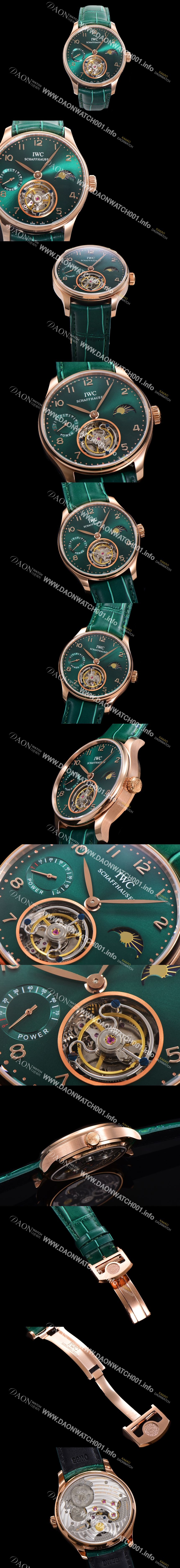 미러급 아이더블유씨 남성용 신제품 UP!! 포르투기즈 컴플리케이션 하이  "투어빌론 문페이즈 파워 리저브"아시안 투어빌론 탑재  18K 로즈골드 42mm 가죽줄 그린 다이얼   iwc1599 Ⅳ