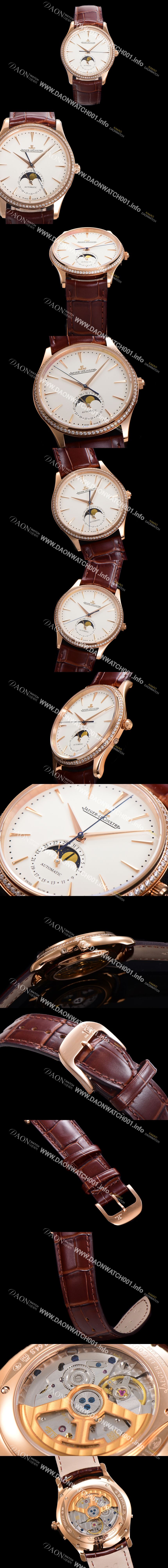 미러급 예거 르꿀르뜨 남성용 마스터 울트라 씬 문페이즈 오토매틱 925타입 18K로즈골드/다이아몬드 베젤 39mm 가죽줄 화이트다이얼 jag1519 Ⅳ