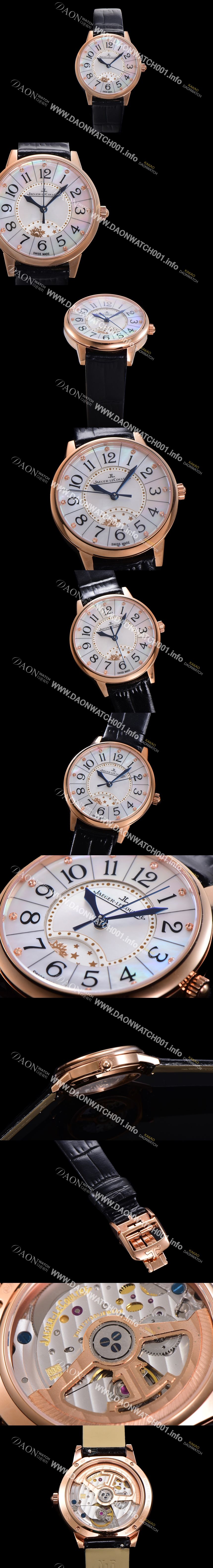 미러급 예거 르꿀르뜨 여성용 랑데뷰 나잇&데이 문페이즈 오토매틱 898A 타입 무브 34mm 금장 가죽줄 자게 화이트다이얼 jag5123 Ⅳ