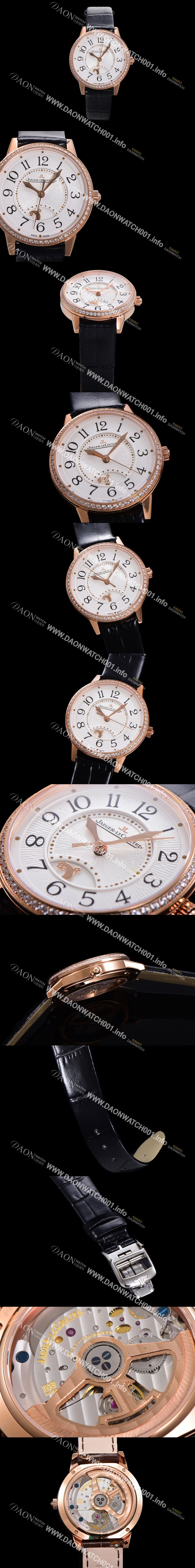 미러급 예거 르꿀르뜨 여성용 랑데뷰 나잇&데이 문페이즈 오토매틱 898A 타입 무브 34mm 금장시계 보석  배젤 가죽줄 화이트다이얼 jag9251 Ⅳ