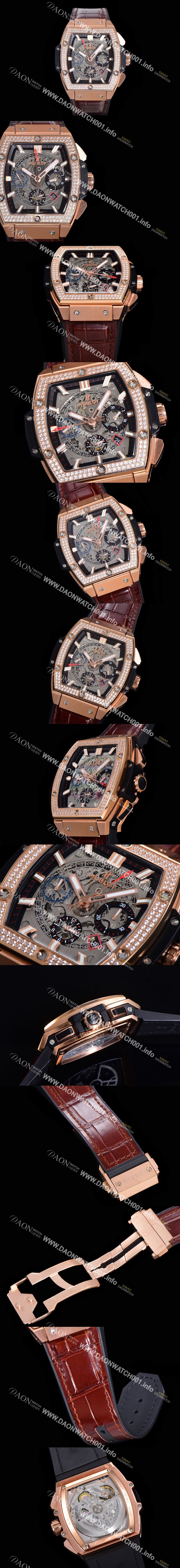 미러급 휴블렛 남성용 스피릿 빅뱅 마스터피스 크로노그래프 Hub4700타입 45mm 18K로즈골드/다이아몬드 셋팅 가죽줄 스켈래톤다이얼 hub9351 Ⅳ