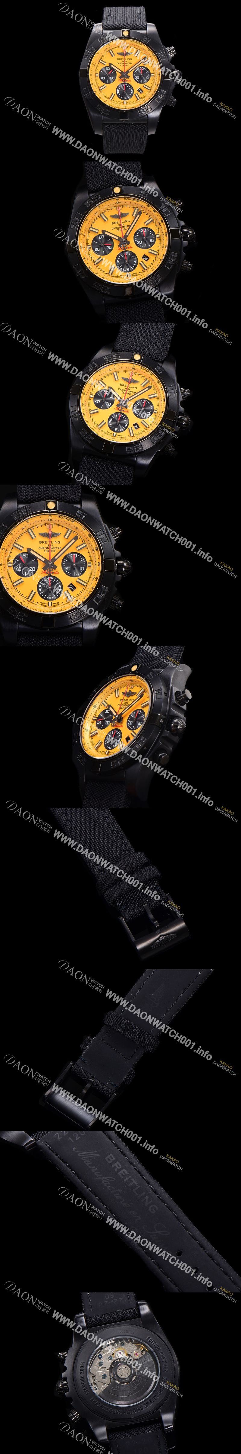 미러급 브라이틀링 남성용 크로노맷 DLC 블랙스틸 오토매틱 ETA 7750-2 타입 44mm 나토천/가죽믹스 옐루다이얼  bre9028 Ⅳ