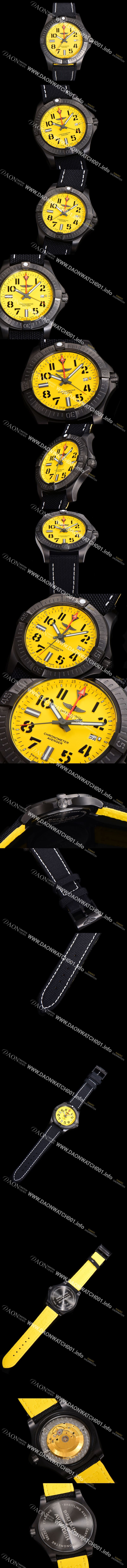 미러급 브라이틀링 남성용 어벤져 나이트 미션 밀리터리 한정판 오토매틱 ETA2836-2 타입 GMT  45mm  DLC코팅 무광 올블랙 나토천/가죽 믹스 옐루다이얼 bre74988 Ⅳ