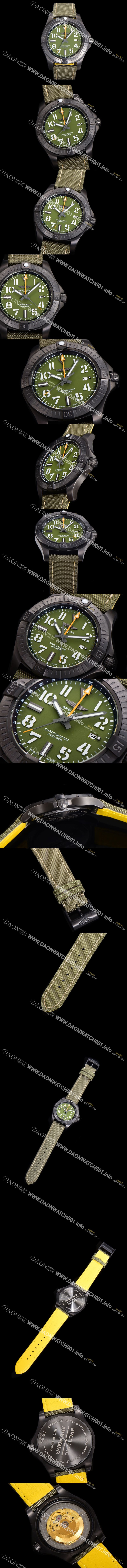 미러급 브라이틀링 남성용 어벤져 나이트 미션 밀리터리 한정판 오토매틱 ETA2836-2 타입 GMT 45mm  DLC코팅 무광 올블랙 나토천/가죽 믹스 카키다이얼 bre82074 Ⅳ