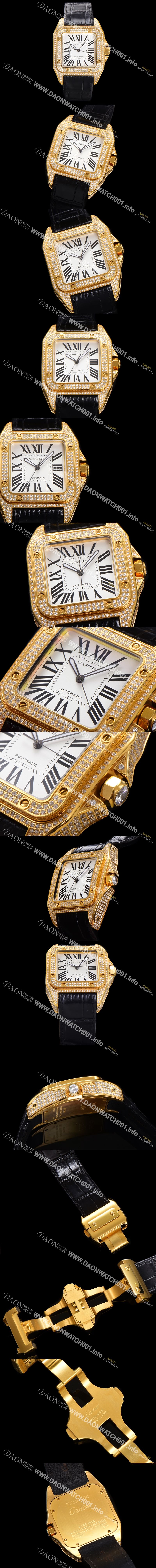 미러급 까르띠에 산토스 100 오토매틱 ETA2824-2 타입 18k 옐루골드/보석시계 남성용 51mm 가죽줄 화이트 다이얼 car69316 Ⅳ