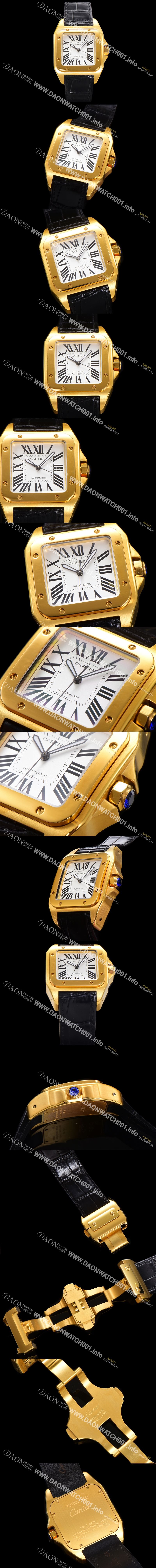 미러급 까르띠에 산토스 100 오토매틱 ETA2824-2 타입 18k 옐루골드 남성용 51mm 가죽줄 화이트 다이얼 car69317 Ⅳ