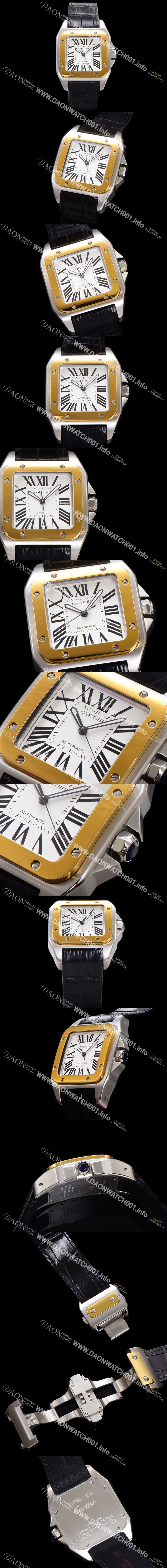 미러급 까르띠에 산토스 100 W20072X7 오토매틱 ETA2824-2 타입 18k 옐루골드 베젤 남성용 51mm 가죽줄 화이트 다이얼 car69318 Ⅳ