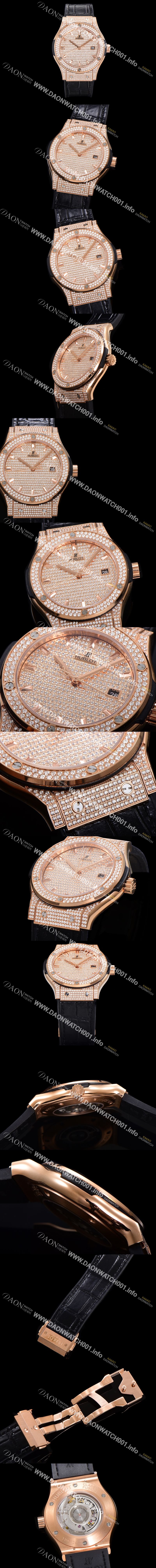 미러급 휴블렛 남성용 클래식 퓨전 565.OX.9010.LR.1704 다이아몬드 셋팅 큐빅/보석 다이얼 18K로즈골드 42미리 오토매틱 2892 타입 가죽/우레탄 믹스밴드 hub2127 Ⅳ