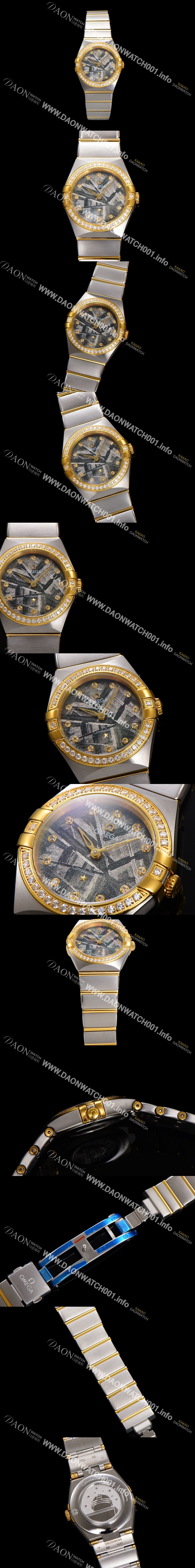 미러급 오메가 여성용 컨스틀레이션 131.25.28.60.99.002 옐로우골드 다이아몬드 세팅 베젤 28mm 쿼츠 무브먼트 메테오라이트 다이얼 omg0148 Ⅳ