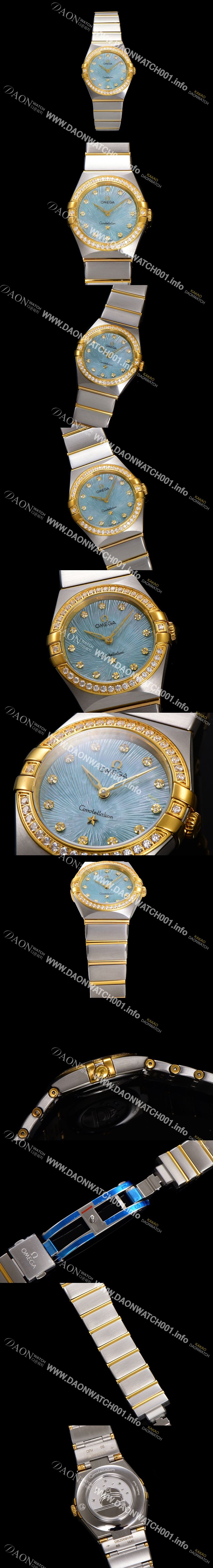 미러급 오메가 여성용 컨스틀레이션 131.25.28.60.60.001 옐로우골드 다이아몬드 세팅 베젤 28mm 쿼츠 무브먼트 그린 다이얼 omg0149 Ⅳ