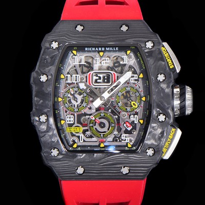 미러급 리차드밀레 남성용 플라이백 RM11-03 오버사이즈 데이트 크로노그래프레드 포지드 카본 케이스 스켈레톤 다이얼 오토매틱 무브먼트 RIC08701 Ⅳ