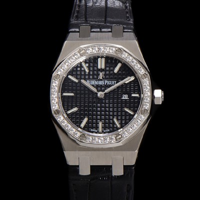 미러급 오데마피게 여성용 로얄오크 67651ST.ZZ.D002CR.01 악어가죽줄 33mm 쿼츠 무브먼트 블랙 와플 다이얼 aud6516 Ⅳ