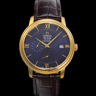 미러급 오메가 남성용 드빌 424.53.40.21.03.001 프레스티지 코-액시얼 39.5mm  18K 옐로우골드 오토매틱 Cal.2627 타입 블루 다이얼 omg0177 Ⅳ