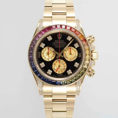 미러급 로렉스 남성용 데이토나 레인보우 116598 RBOW 크로노그래프 18K 옐로우골드 40mm 오토매틱 Cal.4130타입 블랙 다이얼 rol5432 Ⅳ