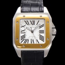 미러급 까르띠에 산토스 100 W20072X7 오토매틱 ETA2824-2 타입 18k 옐루골드 베젤 남성용 51mm 가죽줄 화이트 다이얼 car69318 Ⅳ