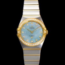 미러급 오메가 여성용 컨스틀레이션 131.25.28.60.60.001 옐로우골드 다이아몬드 세팅 베젤 28mm 쿼츠 무브먼트 그린 다이얼 omg0149 Ⅳ